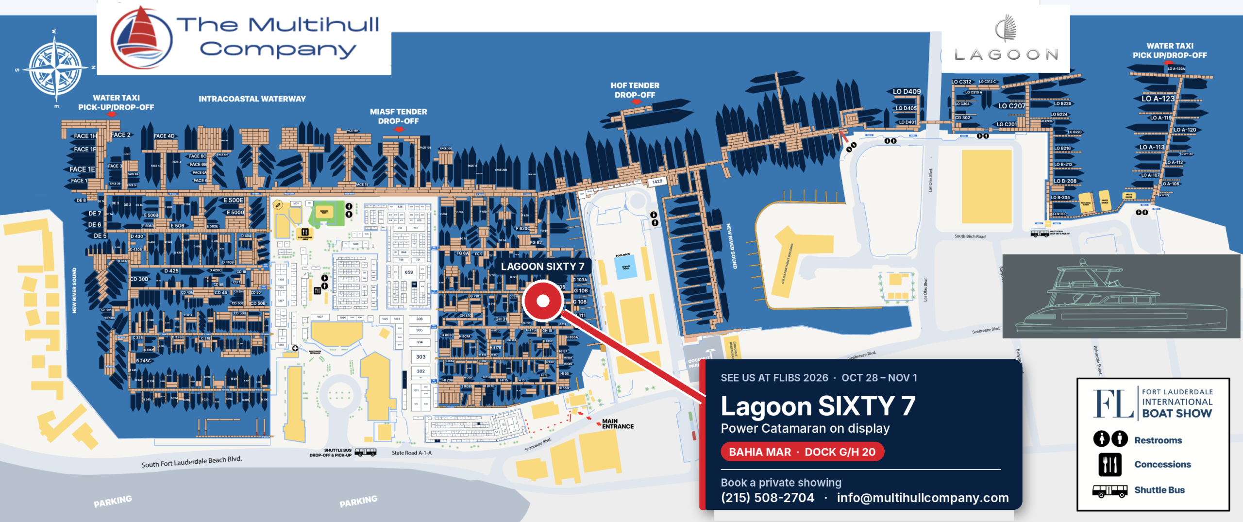 FLIBS 2026 Bahia Mar map showing the Lagoon SIXTY 7 at Dock G/H 20